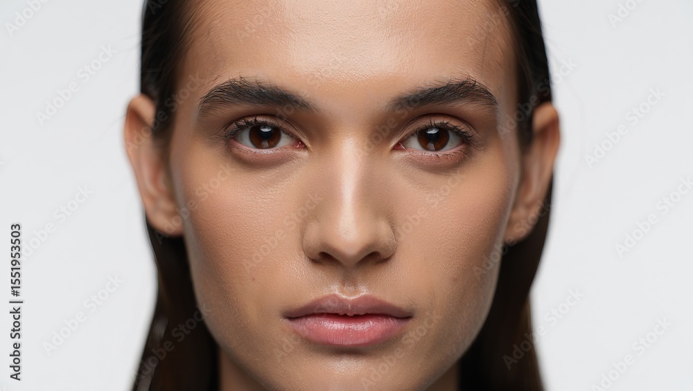 Fototapeta premium Primer plano extremo del rostro de una mujer joven y hermosa con piel perfecta y cejas naturales, mirando fijamente a la cámara en un estudio con fondo blanco.
