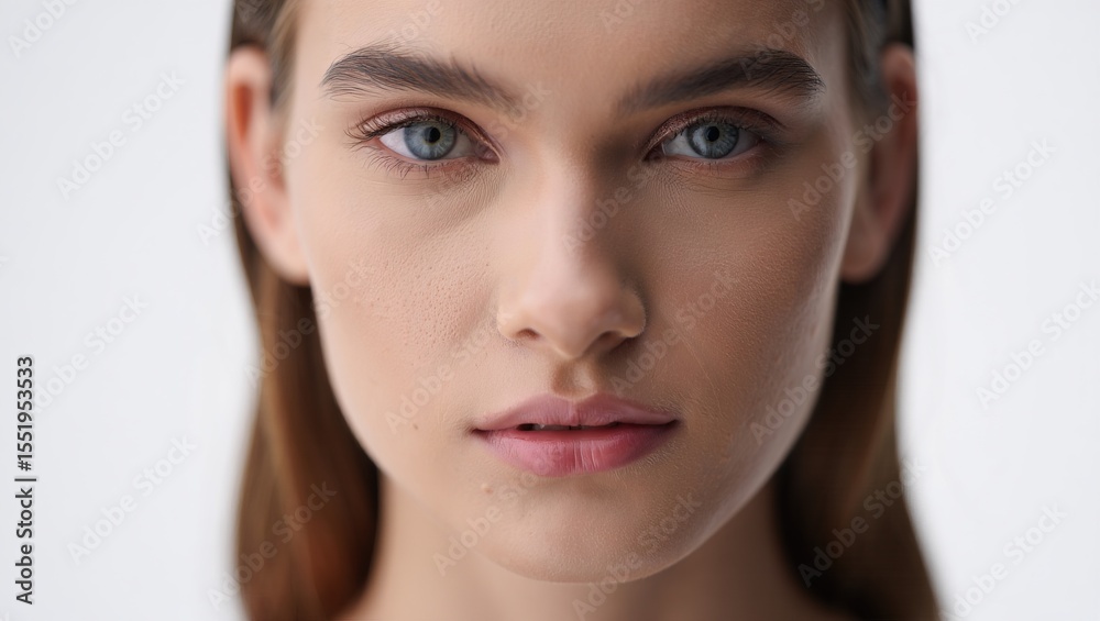 Foto de estudio en primer plano del rostro de una hermosa modelo con ojos claros y una expresión serena y confiada, mostrando una belleza natural sin retoques excesivos, sobre un fondo blanco limpio. Foto de estudio en primer plano del rostro de una hermosa modelo con ojos claros y una expresión serena y confiada, mostrando una belleza natural sin retoques excesivos, sobre un fondo blanco limpio.