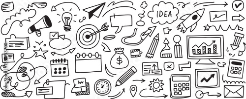 Brainstorming Business Doodle Banner Vector Illustration with Idea Bulb, Target, Rocket, and Graph on Black Background for Creative Project Concepts and Planning