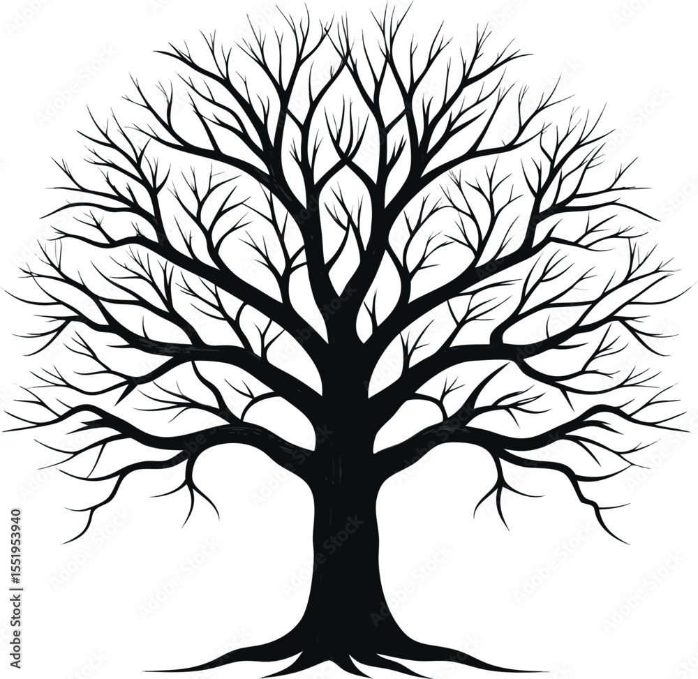 Obraz premium Silhouette of a Majestic Tree: A stunning silhouette of a large tree, its intricate network of bare branches reaching towards the sky. The image captures the stark beauty and resilience of nature.