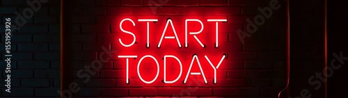 Neon sign that says start today on a brick wall