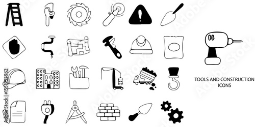 Tools and Construction simple concept 24 hand drawn Grew and Black color icons set .Vector illustration.	