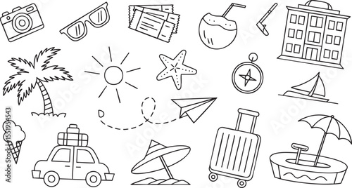 Travel and Vacation Doodle Icons A Collection of Line Art Vector Illustrations Featuring Travel-Related Objects Such as Suitcases, Cars, Palm Trees, and Sunglasses