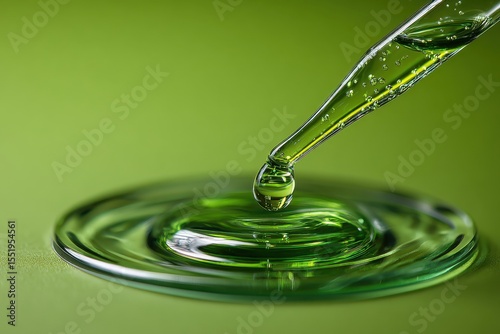 Close up of a green liquid drop falling from a pipette onto a surface with green background color