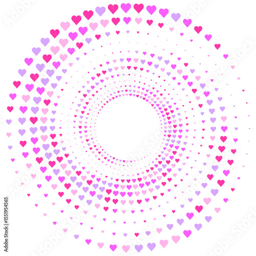 Abstract vector illustration of randomly scattered colorful hearts, festive spiral vortex, dynamic composition with objects, Valentine day banner background