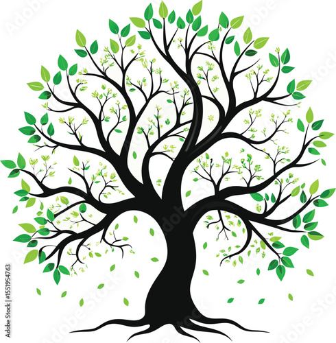 Majestic Spring Tree Illustration Lush Green Foliage, Elegant Branches, and Falling Leaves. Perfect for Nature-Themed Designs, Springtime Projects, and Environmental Awareness Campaigns.