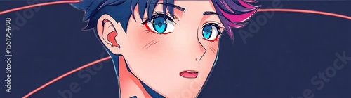 Anime character with blue eyes and a pink hair stares at the camera