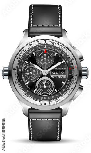 Realistic clock watch sport chronograph black silver red steel for men luxury on white background object vector