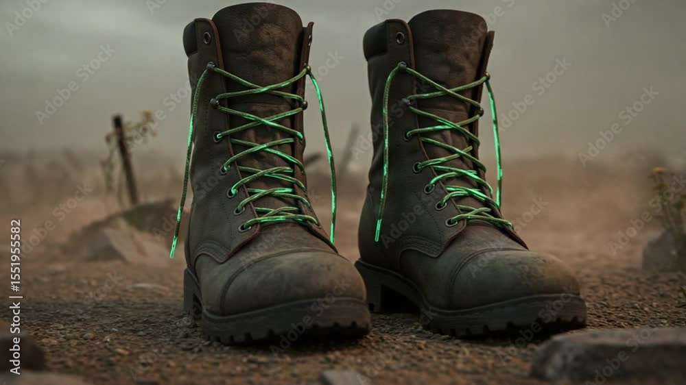 Sturdy boots on rugged terrain with a dramatic sky
