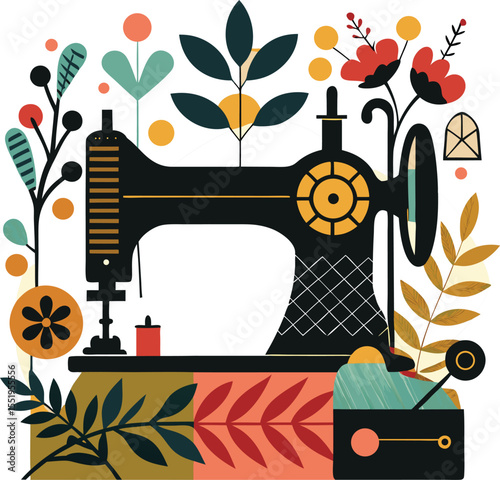 Vintage Sewing Machine Illustration with Floral Elements.