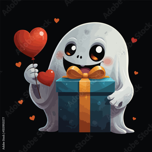 Cute Cartoon Ghost with Heart Eyes Holding Gift Box