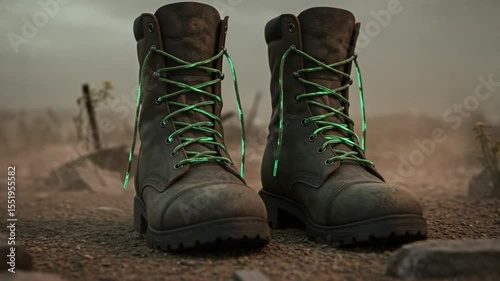 Sturdy boots on rugged terrain with a dramatic sky