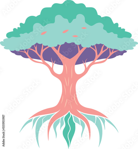 Serene Pastel Tree Illustration Nature's Embrace, Root System, Growth, Tranquility, Artistic Design Element