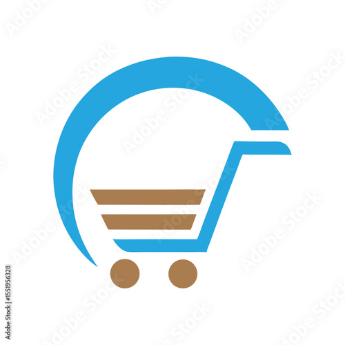 Blue and brown shopping cart icon with curved handle and wheels trolley commerce