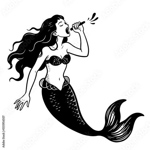 Monochrome Mermaid Singing into Microphone, Vector Illustration