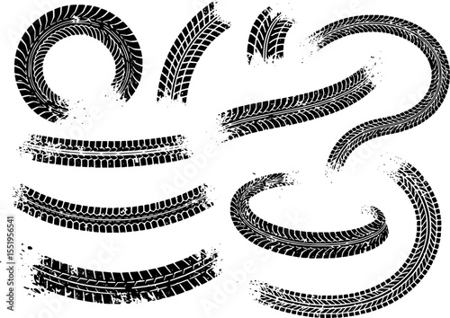 Tire tracks after skidding, launch, drift, powerslide in motorsport, rally, off-road, motocross. Wheel texture with splash effect. Vector, EPS 10 version.