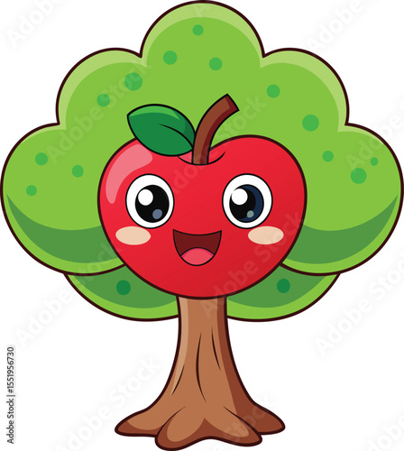 Cheerful Apple Tree Illustration: A charming illustration of a happy apple tree, where the apple fruit is personified with a smiling face and cheerful expression, showcasing nature's beauty and joy.