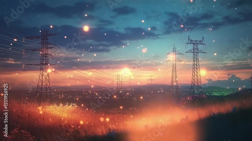 Sunset over Electric Towers with Sparkling Lights