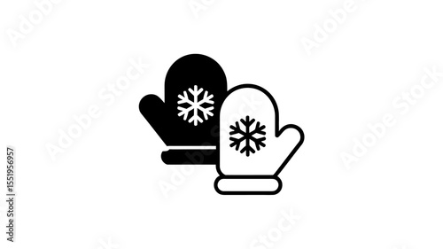 Winter Mittens with Snowflake Outline and Solid Vector Icons - Cold Weather Symbol