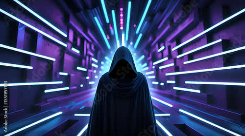 Hooded Figure in Digital Maze Representing the Dark Web