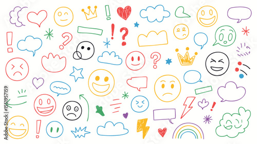 Whimsical Doodle Emoticons A Playful Array of Hand-Drawn Expressions and Symbols for Adding a Touch of Fun and Personality to Designs on White Canvas