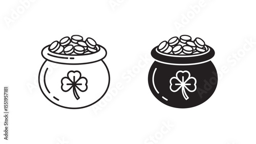 Pot of Gold with Shamrock Outline and Solid Vector Icons - St. Patrick's Day Symbol