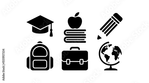 Education and School Supplies Solid Vector Icons Set
