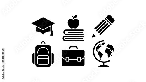 Education and School Supplies Solid Vector Icons Set