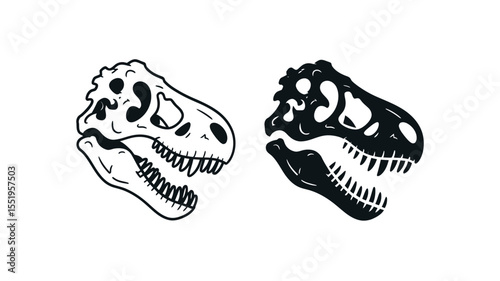 Dinosaur Skull T-Rex Outline and Solid Vector Icons - Prehistoric Fossil Symbol