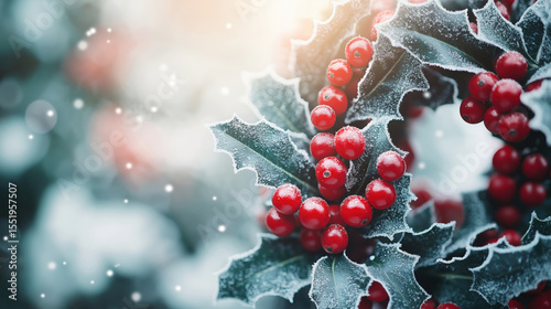 Christmas holly leaves and red berries covered with frost and snow, glowing in soft winter light. Classic holiday plant. Symbol of seasonal decoration.