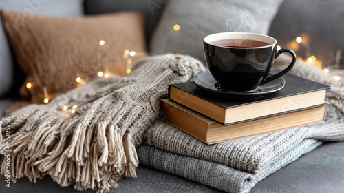 Cozy winter scene with steaming cup of tea on stacked books and folded knit blankets, surrounded by warm lights on sofa. Calm relaxation mood. Hygge comfort.