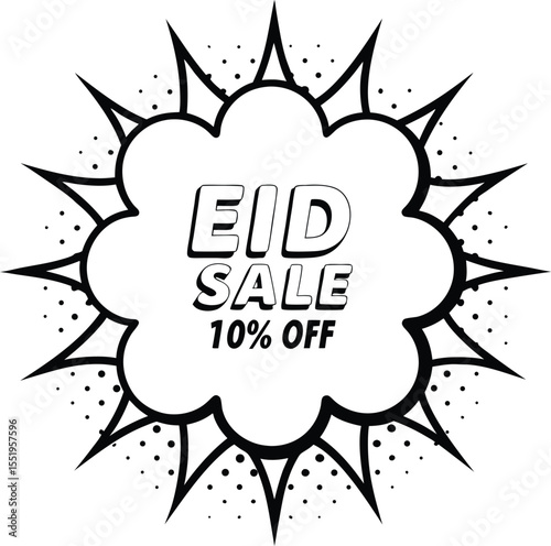 Eid sale message shows ten percent off in a white comic cloud outline