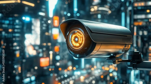 Surveillance camera capturing city lights at night