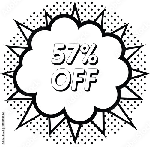 Fifty seven percent off outlined sale burst with halftone dot background for promotion and marketing