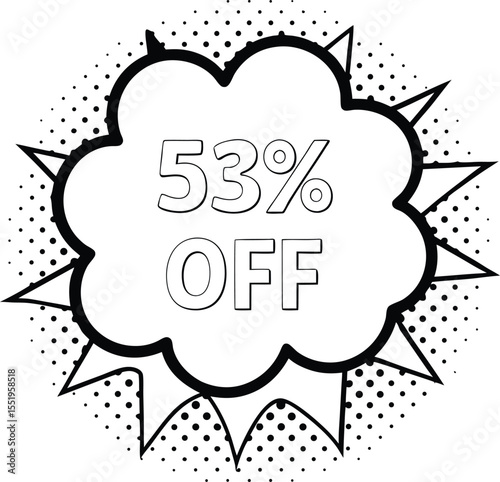 Fifty three percent off message in a bursting white cartoon speech bubble