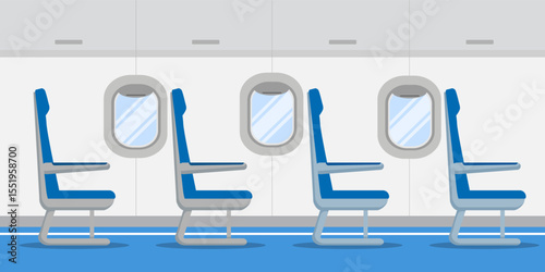 Empty airplane interior horizontal background. Airplane seat in the cabin. Travel by plane concept. Vector stock