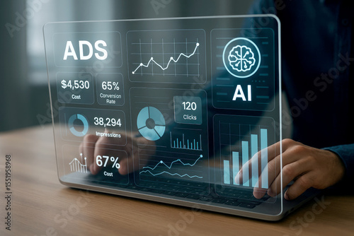 Futuristic Digital Analytics Dashboard Showing AI Powered Ads Data Cost Conversion Rate Impressions and Clicks on Laptop 1