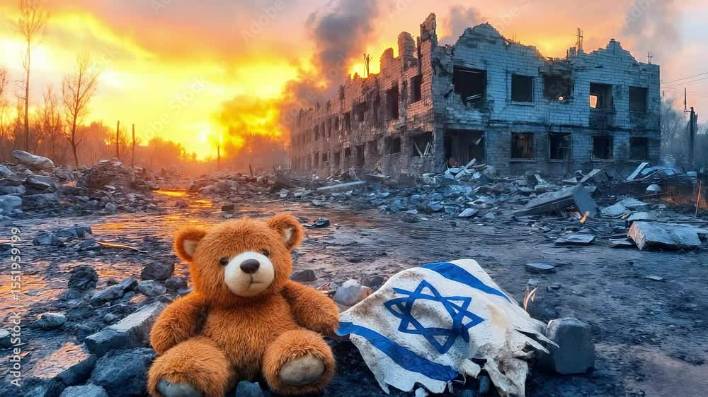 Plush teddy bear sits on a torn flag in a devastated urban landscape, surrounded by rubble and smoke, evoking themes of loss and innocence in a war-torn environment