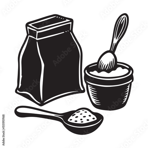 Bag of flour lump sugar broken chicken egg scoop vector