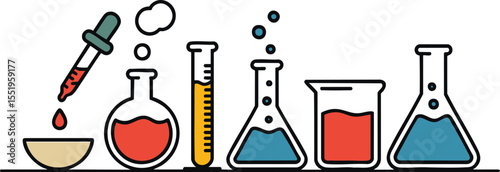 Laboratory Equipment Illustration Set Featuring Beakers, Test Tubes, and Droppers for Scientific Research and Chemistry-Themed Educational Materials