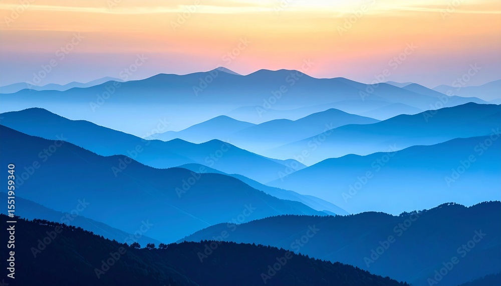 Obraz premium Majestic Blue Mountain Ranges Fade into the Soft Glow of a Dawn Sky