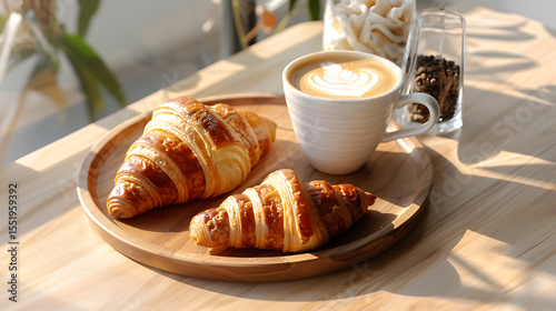 Fresh chocolate croissant and chocolate cake with nuts on a white plate with a hot coffee on the side