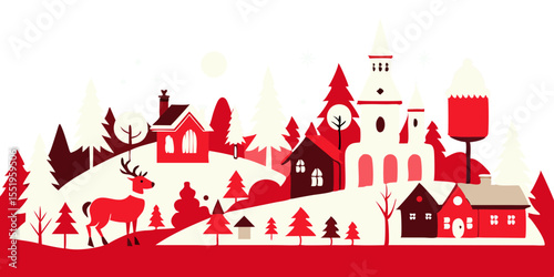 Fantasy castle silhouette vector illustration with towers and fairytale village background