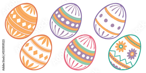 Easter eggs drawing clipart set. Happy easter egg art collection in multicolored paint art for traditional hunting celebration. Vector illustration flat oval shape elements.