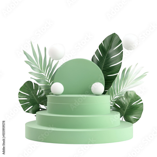 Three tiered green podium with white spheres and tropical leaves isolated on transparent background