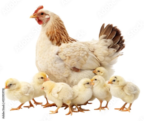 Yellow chicks huddle near a white hen and eggs on a farm