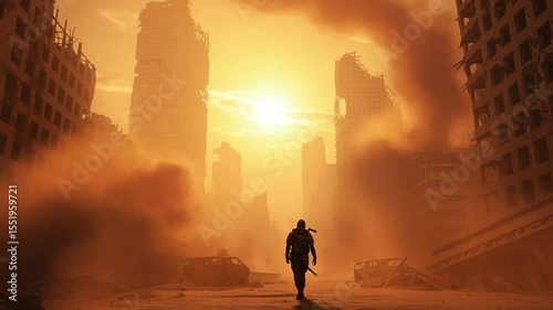 Survivor walking through a post-apocalyptic cityscape