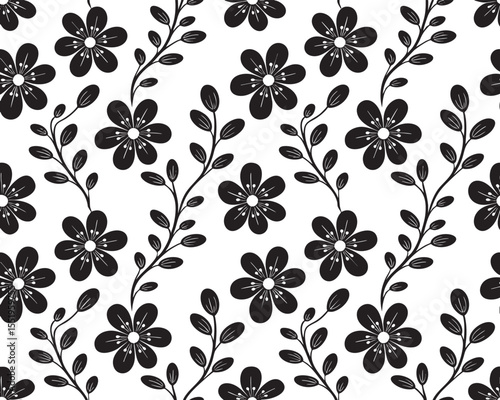 Dark Floral Pattern Background with Black Flowers and Branches for Textile Design, Wallpaper, and Wrapping Paper - Seamless Vector Illustration