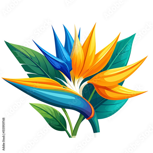 Striking Bird of Paradise Plant with Unique Shape and Bright Colors, Ideal for Nature and Exotic Floral Illustrations.