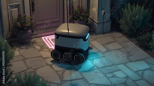 Delivery robot arrives at a residential front door at night